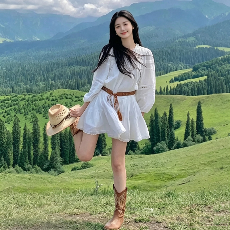 Western Cowboy Style White Dress for Women, Bohemian Waist-Cinching Slimming Short Dress for Travel in the Great Northwest