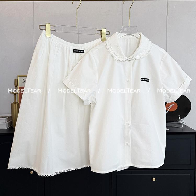 Modeltear Zhou Meimei Miu Series College Lace Trim Lapel Black Label White Short-Sleeve Shirt Set Modeltear Zhou Meimei Miu Series College Lace Trim Lapel Black Label White Short-Sleeve Shirt Set