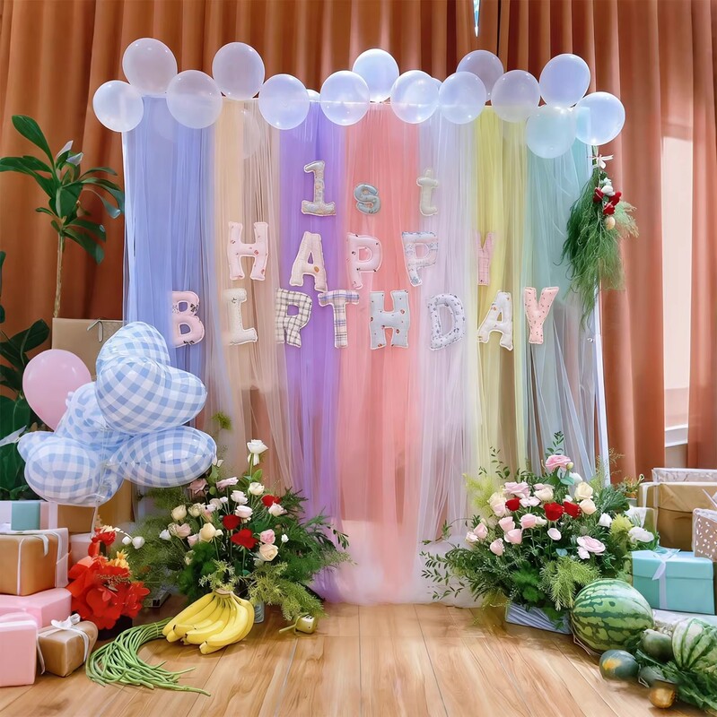 Rainbow-Colored Birthday Decoration Mesh Curtain Waterfall Background Atmosphere Setup Dopamine Internet Celebrity Photo Decoration Tulle Rainbow-Colored Birthday Decoration Mesh Curtain Waterfall Background Atmosphere Setup Dopamine Internet Celebrity Photo Decoration Tulle