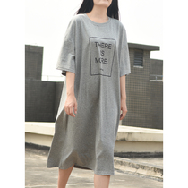 2021 Summer new dress Dress Loose Slim a character dress Fat mm pure cotton short sleeve printed one-piece dress length
