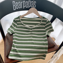 2021 new striped short sleeve T-shirt lady with slim fit 100 lap pure cotton half sleeve V collar fashion short blouse summer
