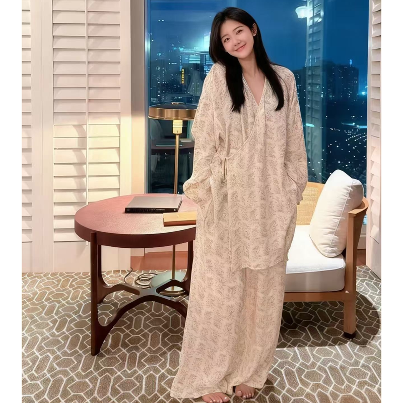 Korean Style Gentle Floral Early Autumn Pajamas for Women, Long-Sleeved, Loose and Comfortable Home Wear, Diagonal Placket Cardigan Set, New Spring and Autumn Product Korean Style Gentle Floral Early Autumn Pajamas for Women, Long-Sleeved, Loose and Comfortable Home Wear, Diagonal Placket Cardigan Set, New Spring and Autumn Product