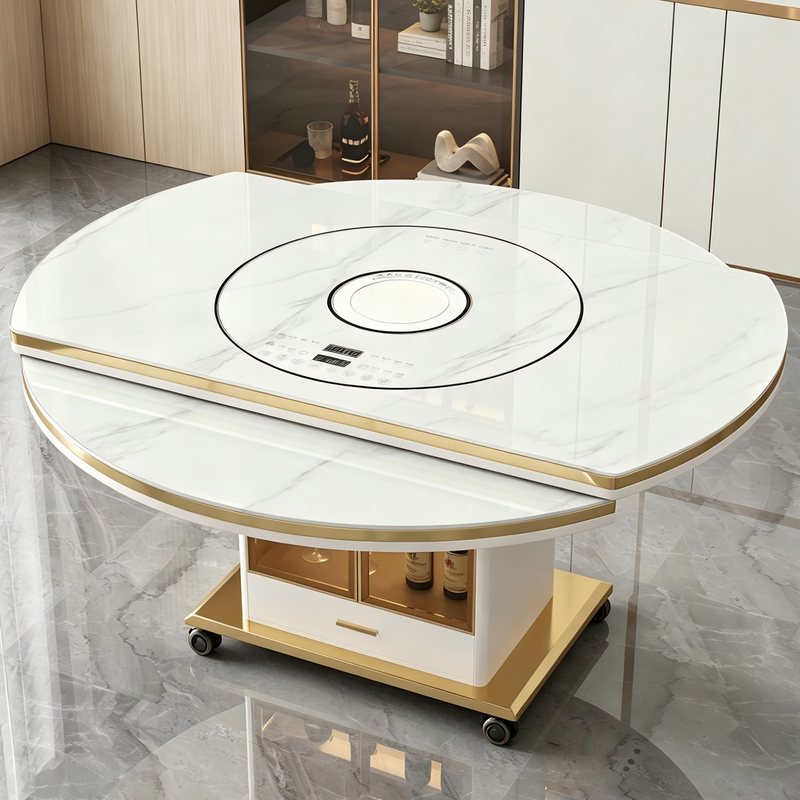 Mobile Slate Dining Table and Chair Set, Extendable, Suitable for Small Apartments, Modern and Simple, Round, Multifunctional, Foldable, with Induction Cooker Mobile Slate Dining Table and Chair Set, Extendable, Suitable for Small Apartments, Modern and Simple, Round, Multifunctional, Foldable, with Induction Cooker
