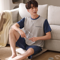 Fenten Pajamas Mens Summer Cotton Short Sleeve Shorts Teenagers Leisure Cotton Summer Thin Home Clothes Set