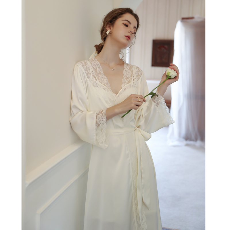 Ice Silk Pajamas for Women, Summer Thin Style, French Sexy Nightgown, Dressing Gown for Women, Bridal High-End Suspender Nightdress Two-Piece Set