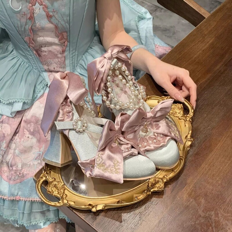Ribbon Choral Bow Lolita High Heels Women's Chunky Heel Palace Style Wedding Shoes Sweet Princess Bridal Lo Shoes Ribbon Choral Bow Lolita High Heels Women's Chunky Heel Palace Style Wedding Shoes Sweet Princess Bridal Lo Shoes