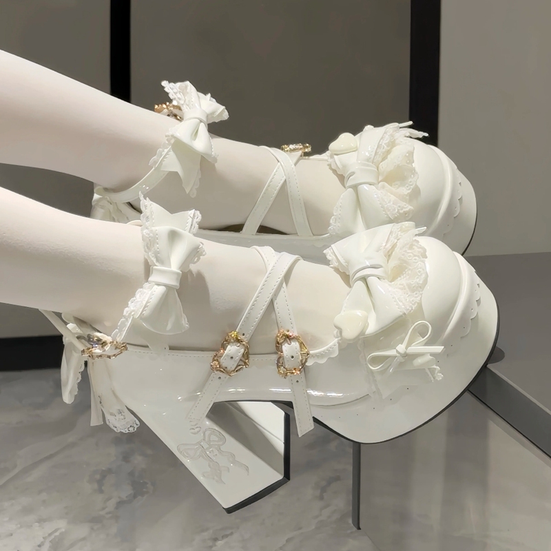 Sweetheart Praise Original Lolita High Heels Women's Chunky Heel Lo Shoes Lace Bow Sweet and Cute Little Leather Shoes