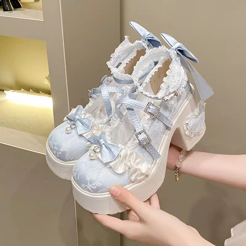 Shimengyu Lace Bow Original Lolita High Heels Women's Chunky Heel Lo Shoes Cute Lolita Princess Single Shoes Shimengyu Lace Bow Original Lolita High Heels Women's Chunky Heel Lo Shoes Cute Lolita Princess Single Shoes