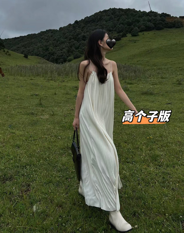 The Moon Tall Version Pleated Spaghetti Strap Vacation Style Ankle-Length Dress for Women, Pure and Elegant Drape Dress