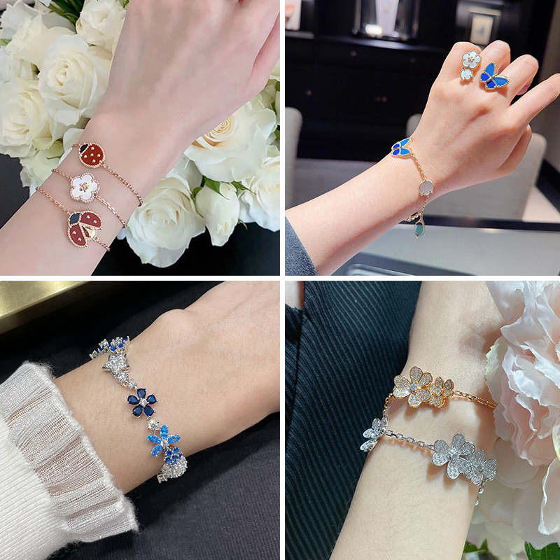 [High-End Edition] 26 New Clover Bracelet Full of Diamonds Butterfly Plum Blossom Flower Clavicle Chain White Mother-Of-Pearl Bracelet for Women