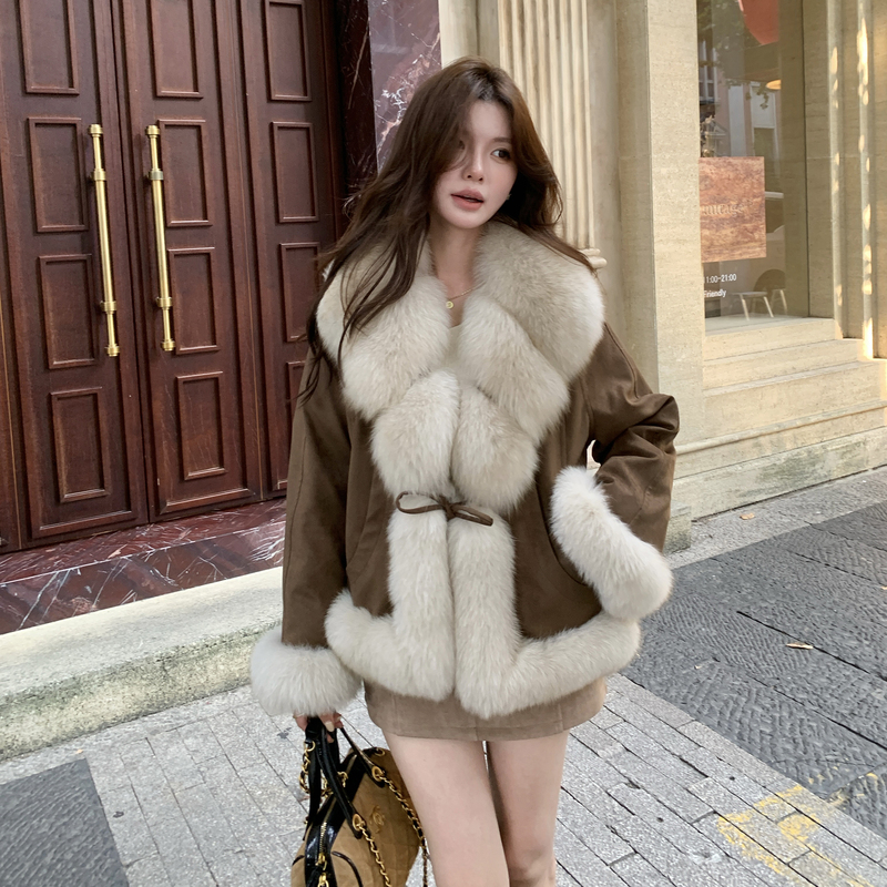 Rachel [Snow Falls, Frost Descends] Full Leather Cream-Colored Large Fox Fur Collar Fur Coat Goose down Jacket Suede Coat New Trendy Style