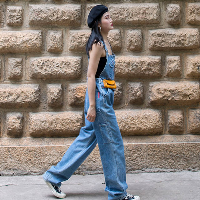 zopiclone retro denim suspenders vintage ຂອງແມ່ຍິງ slim ວ່າງຂາກວ້າງ trousers ອາເມລິກາ suspenders