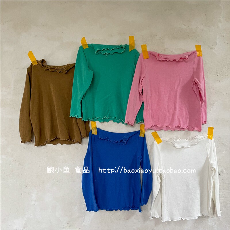 2022 Spring paragraph New South Korean children's clothing girl candy pure color half-high-collar pure cotton long sleeve T-shirt slapped bottom