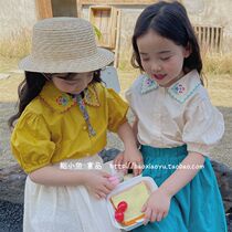 2022 Summer South Korea South East Gate Childrens Clothing Girls Cotton Lapel Embroidered Flower Short Sleeve Doll Shirt Top