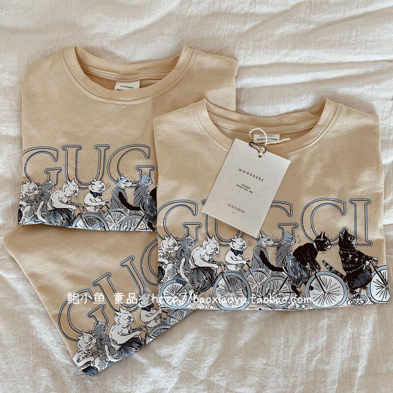 Abalone Fish 2022 Summer Money for men and women Children's Children's Costume G Home Korean Version Cartoon Cat Printed Short Sleeve Pure Cotton T-shirt