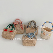 2021 Autumn New Korean ins small red book Girls floral bow lace-up grass woven bag Hand bag