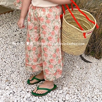 Bao Xiaoyu 2022 summer new Korean ins girl cotton sweet pastoral floral print wide-leg long pants