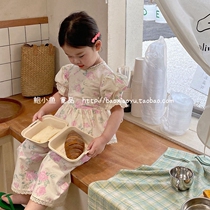 Bao Xiaoyu 2022 summer new Korean girls ins cotton print foam sleeve doll shirt wide leg trousers suit