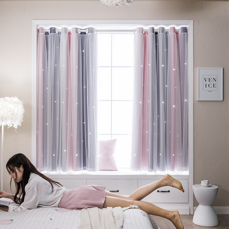 Net Red Curtains Non-Punch Mounted Shading Bedroom Ins Wind Floating Windows Small Windows Short-Free Installation Children's Room Girls