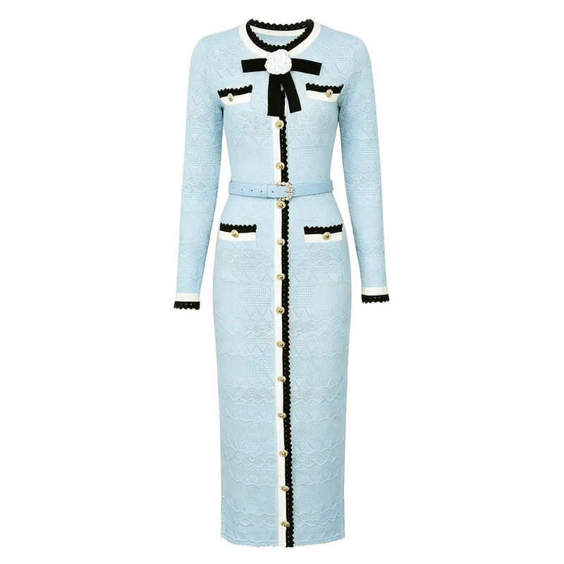 Balmanjina 2026 Autumn New Fashion Knitted Round Neck Floral Slim Long Dress Slimming Long-Sleeved Dress