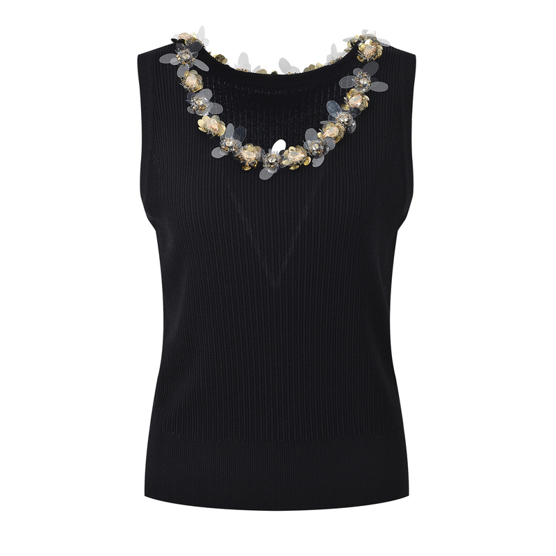 Balmanjina Heavy Industry Rhinestone Sequin U-Neck Sleeveless Vest 2024 New Slim Fit Knitted Top for Outerwear