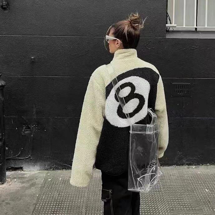 Correct Version of Stu American Style Black and White Lamb Wool Jacket for Men and Women, Autumn and Winter Loose Casual Couple's Jacket Top