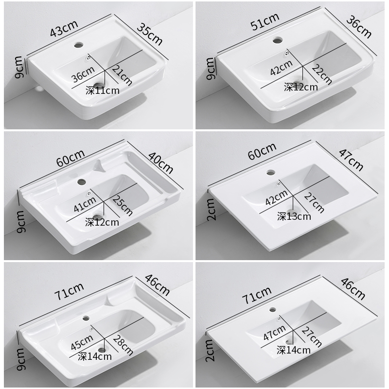 Integrated Ceramic Washbasin for Bathroom, Household Washbasin, Semi-Embedded Washbasin, Single Basin