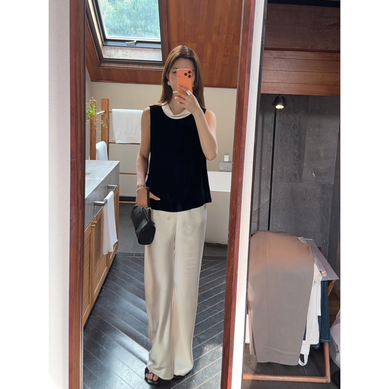 Gala Bias-Cut Acetate Satin Casual Pants for Women 2026 New Summer Elastic High-Waisted Drapey Old Money Straight-Leg White Trousers