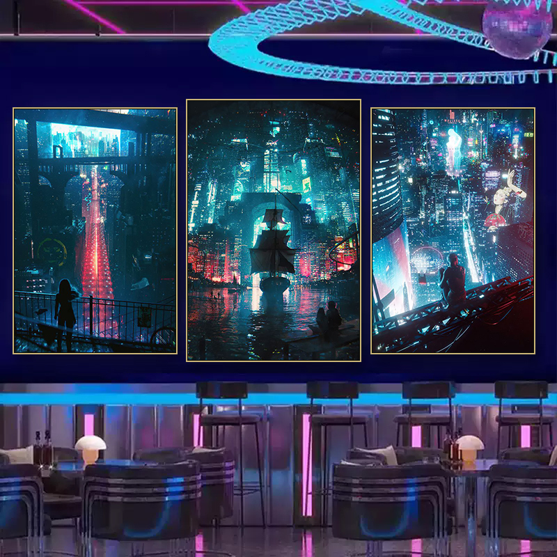 Cyberpunk Luminous Decorative Painting Futuristic E-Sports Hotel Wall City Hanging Painting Bar Ktv Neon Light Mural