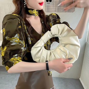 Retro style lady lace-up v-neck shirt women's top fairy print slim puff short-sleeved chiffon shirt summer