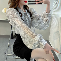 2024 Early Spring High-end Heavy Industry Studded Point Collar Shirt Women's Temperament Chiffon Bright Silk Top Puff Sleeve Shirt Women