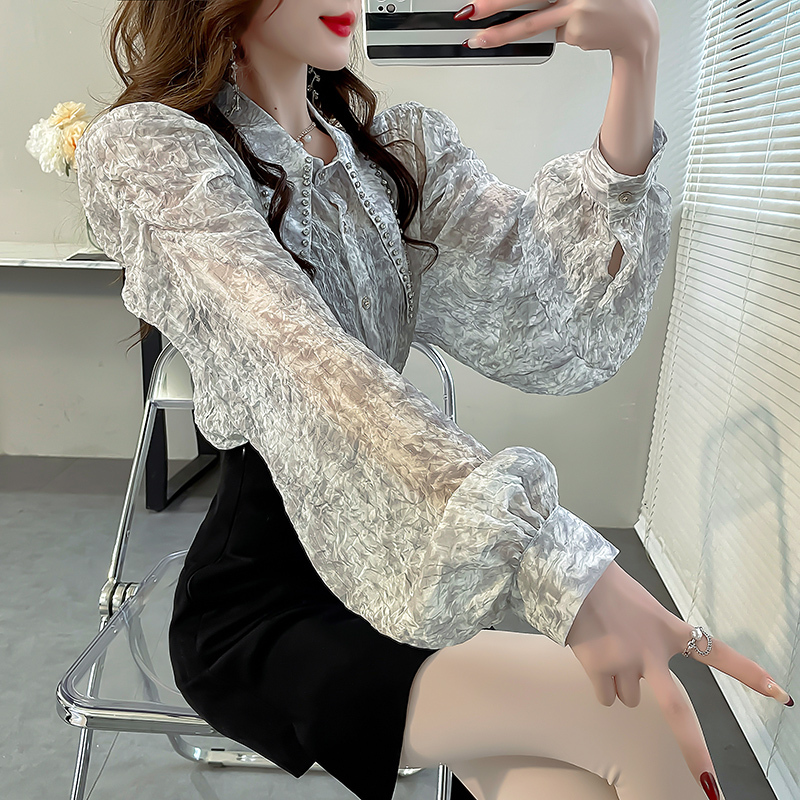 2024 Early Spring High-End Heavy-Duty Rhinestone Pointed Collar Shirt, Feminine Chiffon Shiny Silk Top with Puff Sleeves for Women