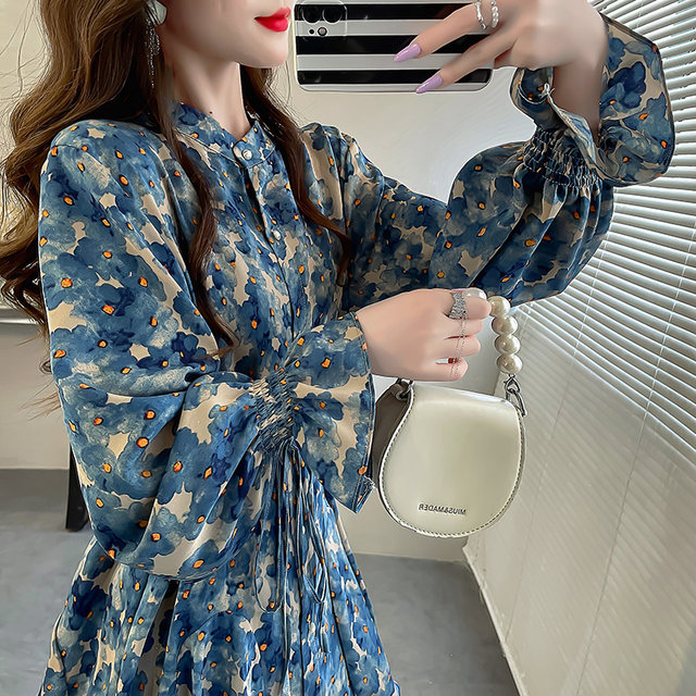 Spring age-reducing printed stand-collar chiffon shirt for women