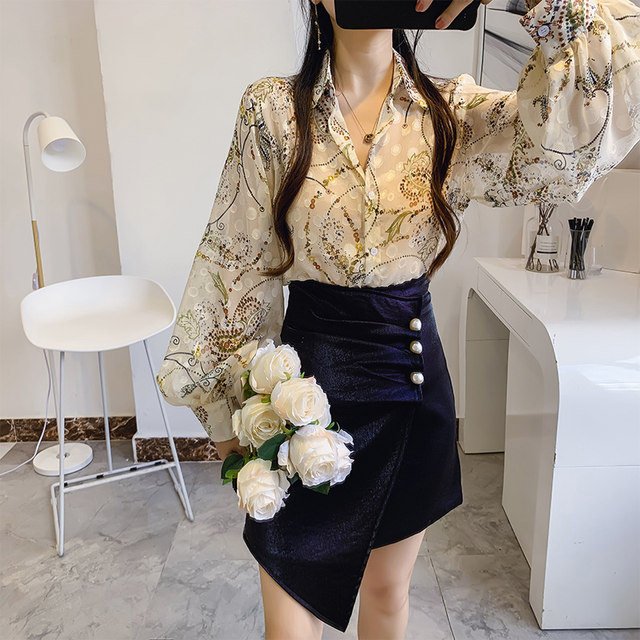 Embroidered Women's Tops 2023 New Women's Lantern Sleeve Shirt Fairy Autumn Lapel Retro Chiffon Floral Shirt for Women