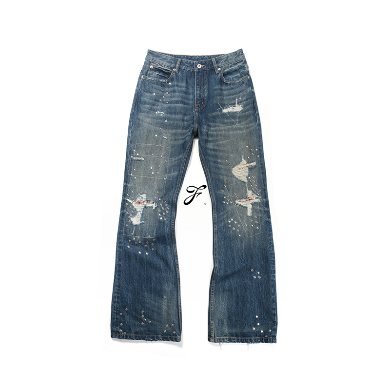 Ftm Patchwork Rivet Flared Jeans Washed Vintage Cleanfit Street Vibe Pants