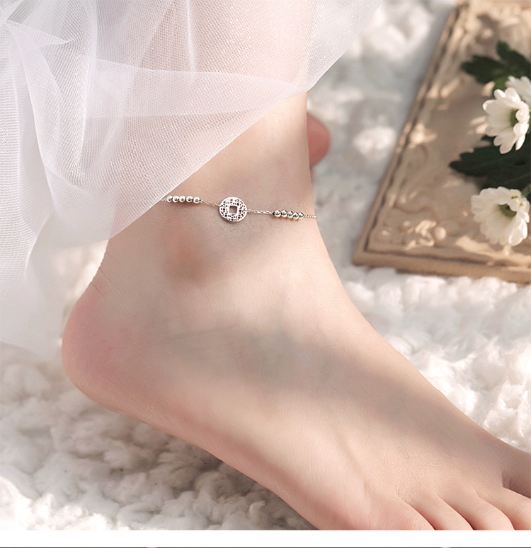 925 sterling bạc đồng tiền vòng chân nữ đơn giản rừng lưới màu đỏ thích hợp thiết kế cảm giác chuyển đồ trang sức bạc gợi cảm không giới hạn tiền - Vòng chân