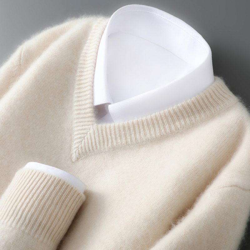Autumn and Winter Solid Color Cashmere Sweater for Men, V-Neck Thickened Sweater, Youth Business Casual, Large Size Sweetheart Collar Wool Knitwear