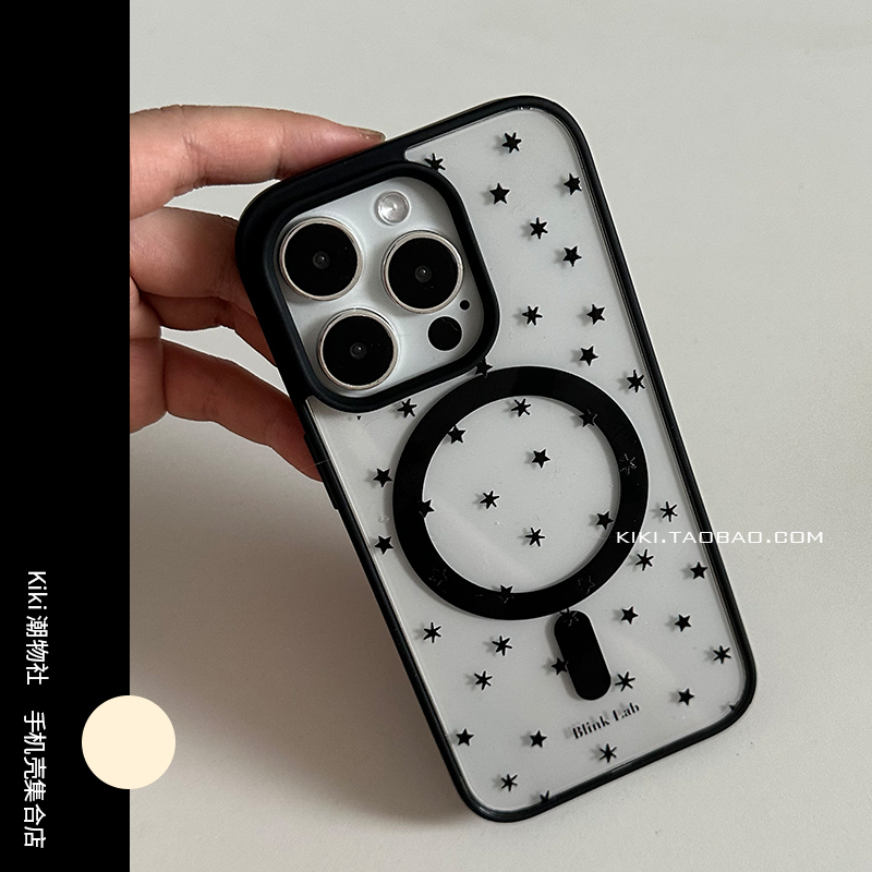 ins Minimalist Full-Screen Black Star Phone Case Suitable for iPhone 17 Pro Max, 14 Plus Black Frame, 16 Magnetic, 15 Transparent, 13 Girly, 12 Sweet Cool Matte Border, 11 Large Hole Phone Case