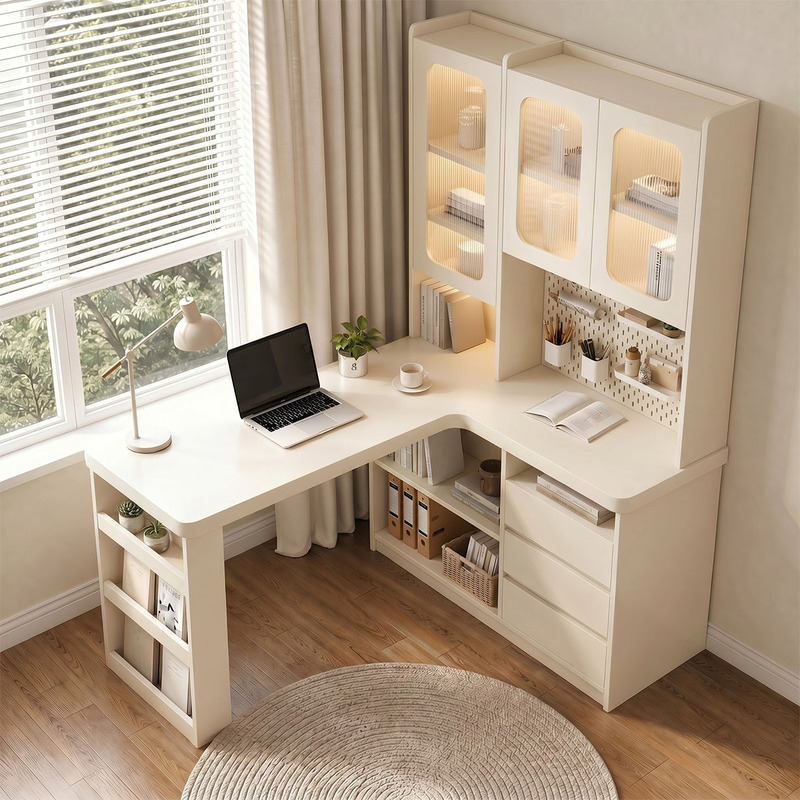 Cream-Style L-Shaped Corner Desk and Bookcase Integrated, Small Apartment Window-Side Home-Use Solid Wood Student Computer Study Desk Cream-Style L-Shaped Corner Desk and Bookcase Integrated, Small Apartment Window-Side Home-Use Solid Wood Student Computer Study Desk