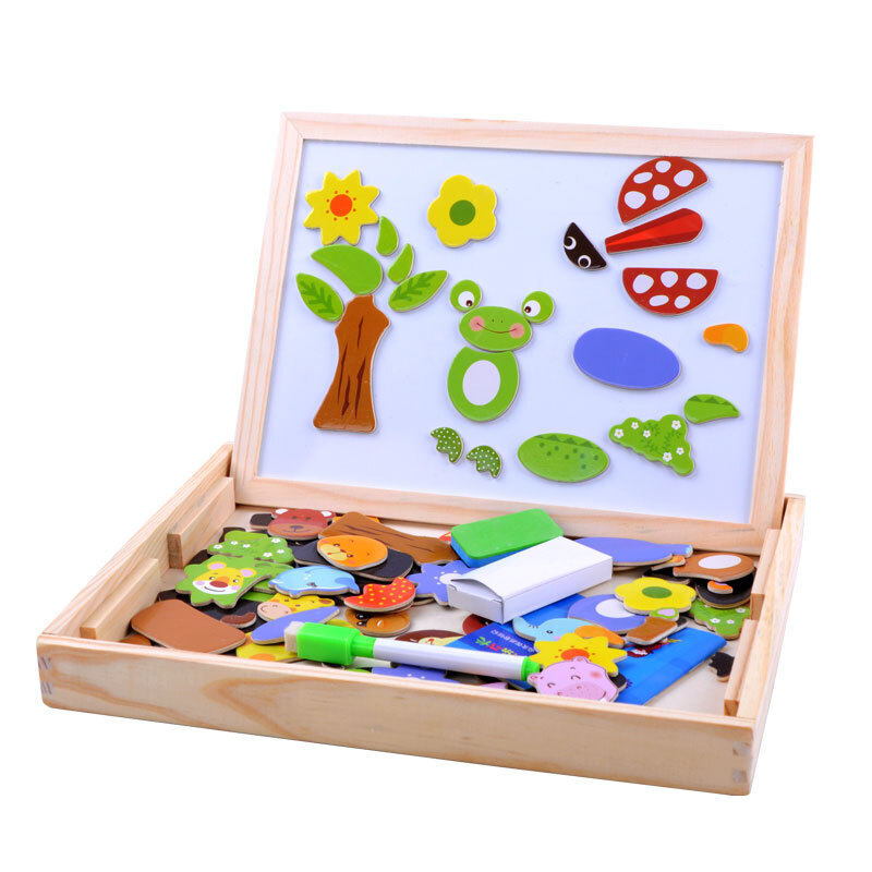 Wood pellet sub magnetic parquet wood solid jigsaw puzzle bifacial plus drawing board functional children puzzle building blocks to play