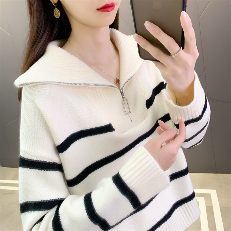 Lapel Half-Zip Sweater for Women, 2026 New Winter Style, Stylish Base Layer, Loose Striped Knit Top