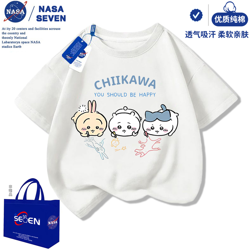 Nasa Cartoon Chiikawa Pure Cotton T-Shirt for Kidsren, Stylish Summer New Style, Cute Usachi Short-Sleeved Shirt for Middle and Older Kidsren