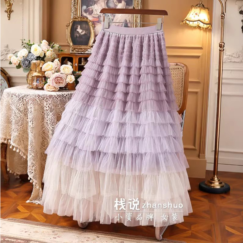 Winter Gradient Purple Gauze Skirt, Layered Mesh Cake Skirt, Women's Autumn and Winter 2025 New Style Long Skirt
