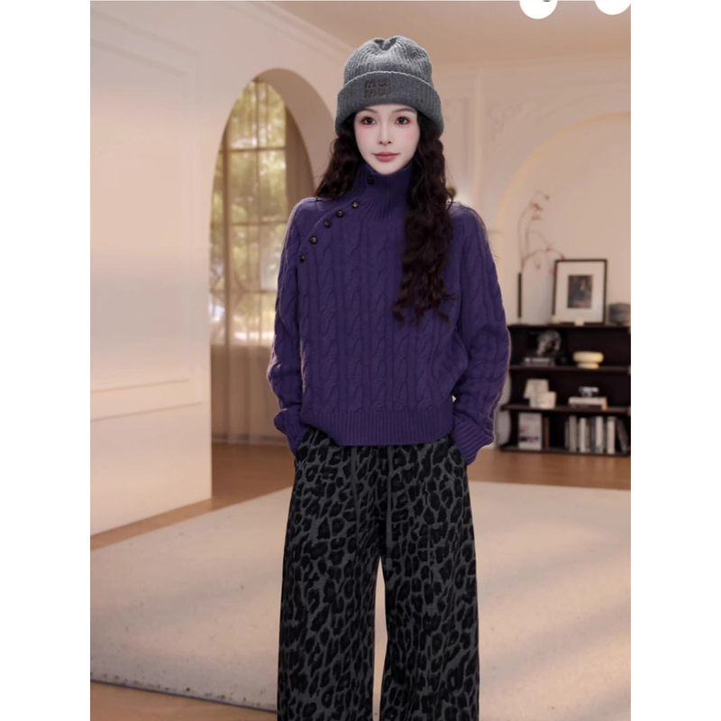 Korean Style Lazy Chic Purple Diagonal Button Turtleneck Pullover Knit Sweater 2025 Winter New Loose Casual Versatile Sweater Korean Style Lazy Chic Purple Diagonal Button Turtleneck Pullover Knit Sweater 2025 Winter New Loose Casual Versatile Sweater