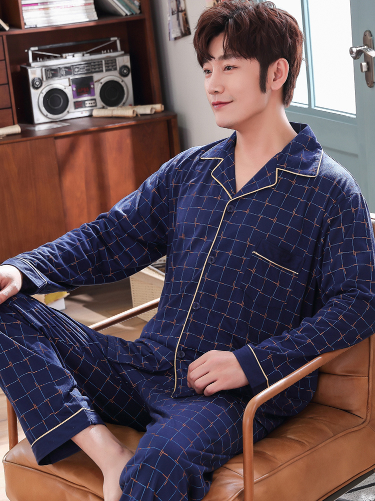 Bộ đồ ngủ mens dài tay áo bông cotton vào mùa xuân và mùa thu mùa đông mens đồ ngủ mùa hè mỏng bông xanh trung niên set cha nhà quần áo.