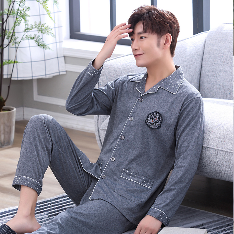 Bộ đồ ngủ mens dài tay áo bông cotton vào mùa xuân và mùa thu mùa đông mens đồ ngủ mùa hè mỏng bông xanh trung niên set cha nhà quần áo.