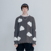 SIMPLE RIMLESS jacquard cloud over white clouds vandalism sweater male loose round collar spring and autumn clothing