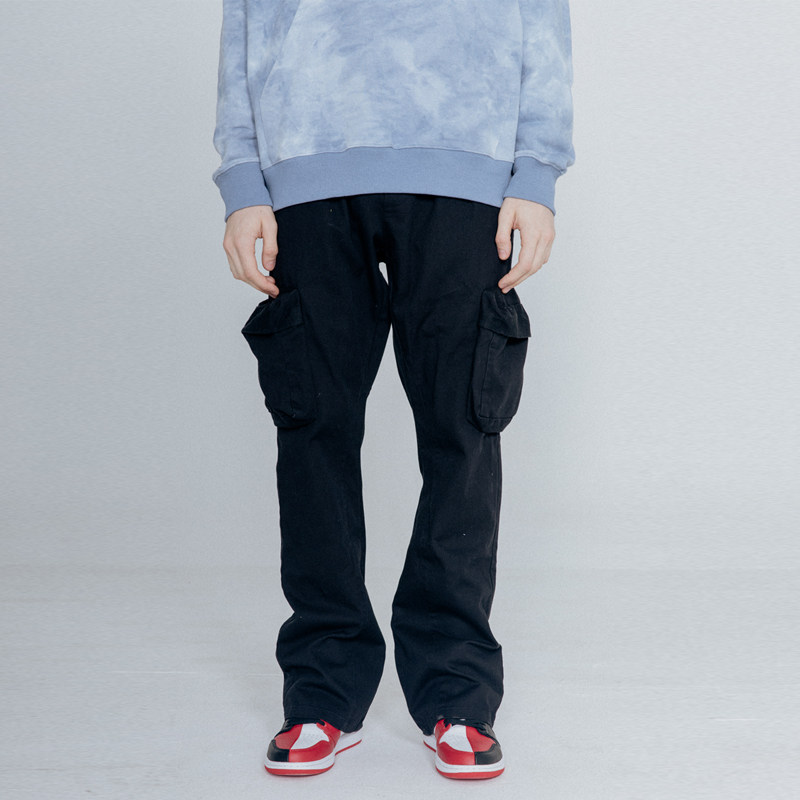 Simple Rimless large pocket washed overalls horn pants male high street Metide 100 hitch casual long pants summer