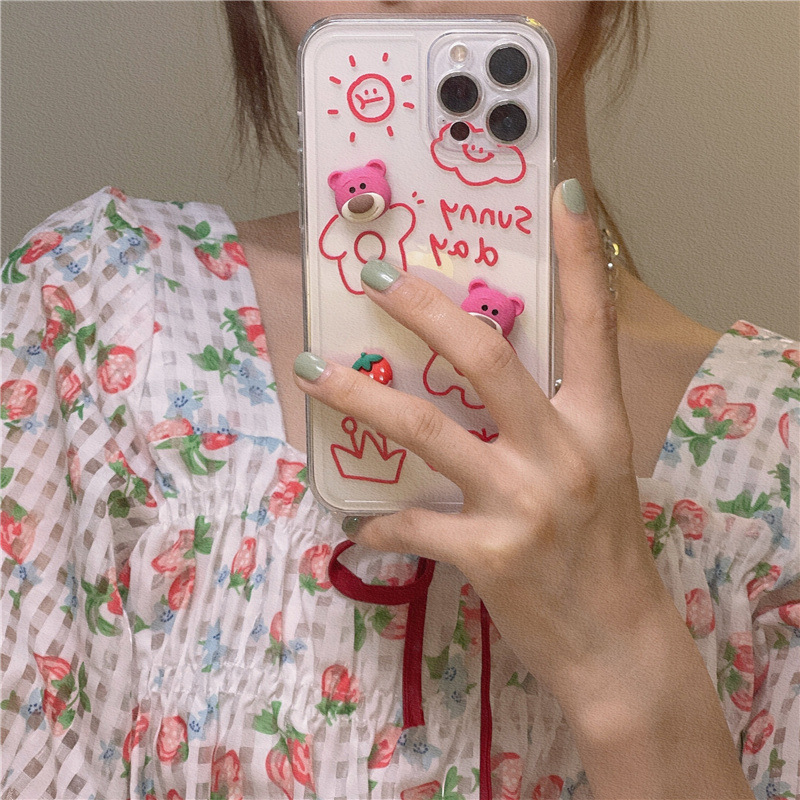 ins cartoon three-dimensional strawberry bear suitable for iPhone12Promax apple 11 mobile phone protective shell apple X silicone transparent