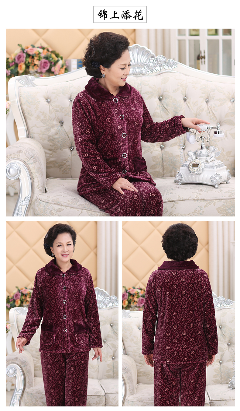 Đồ ngủ nhung san hô cho phụ nữ trung và già mùa thu đông flannel mẹ cỡ lớn tay dài ấm áp phù hợp với mùa xuân và mùa thu mẫu dịch vụ nhà - Bộ Pajama thời trang trung niên u50